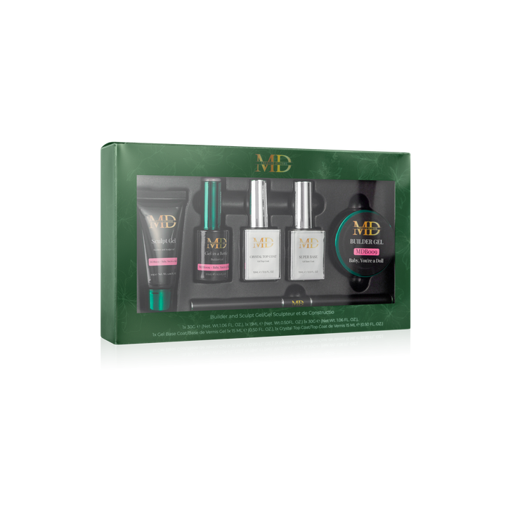 Set of gel products in a green box with visible branding on a white background