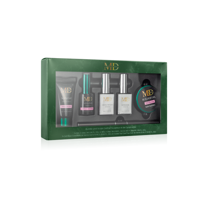 Set of gel products in a green box with visible branding on a white background