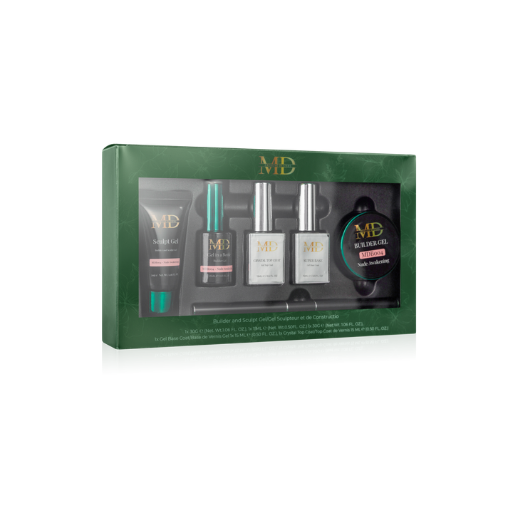 Gel product set with bottles and a green box on a white background