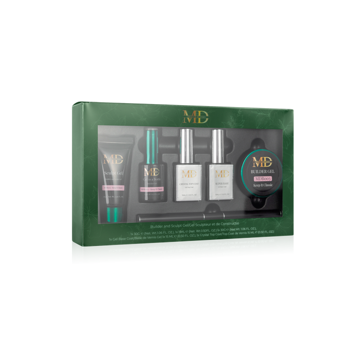 Gel product set with bottles and a tube in a green box on a white background