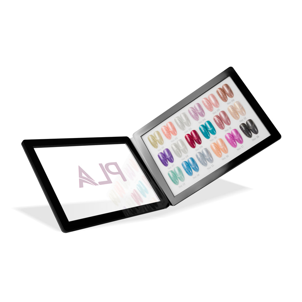 Color swatch book with colorful nail tip swatches on a white background