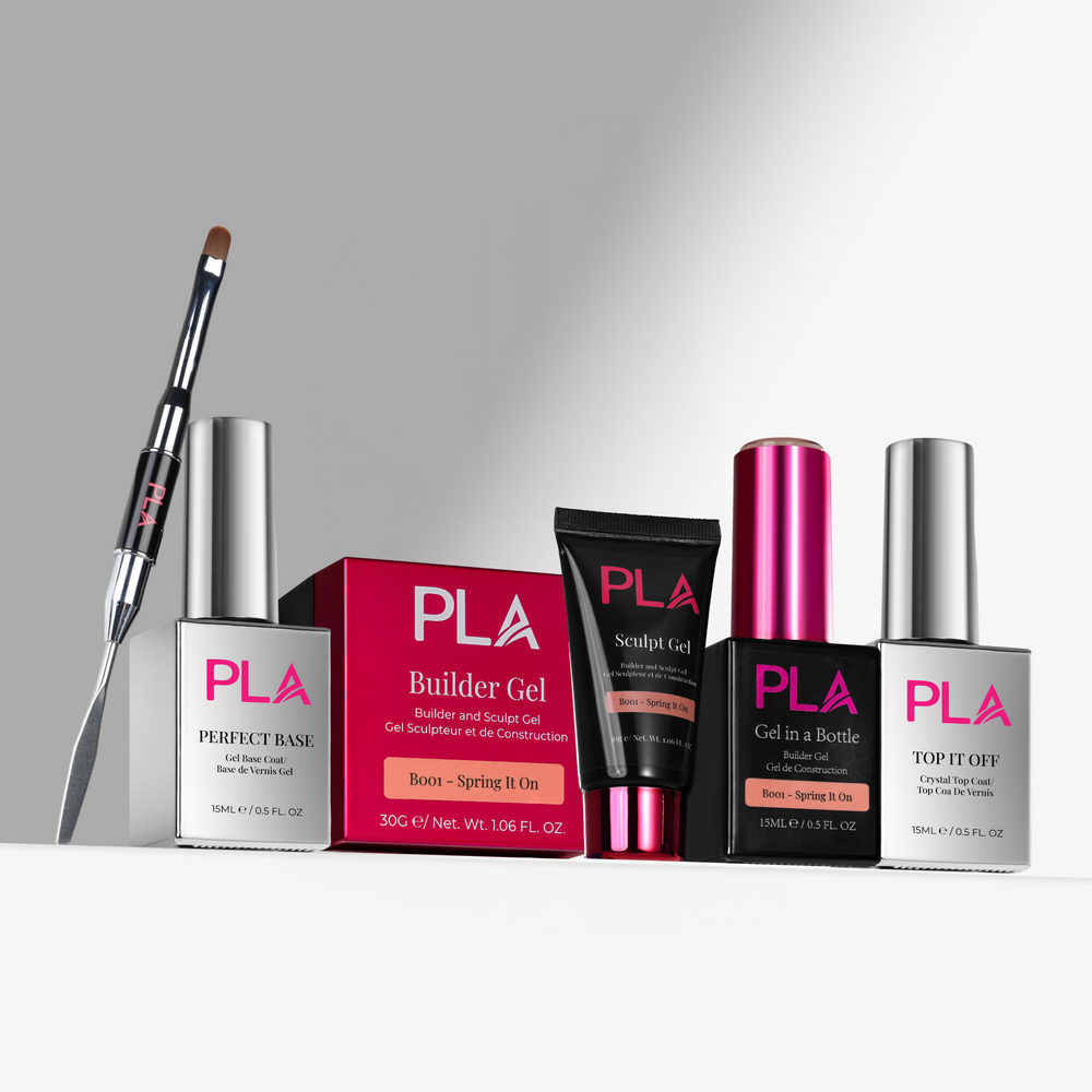 Set of PLA gel products including bottles, a brush, and a box on a gray background