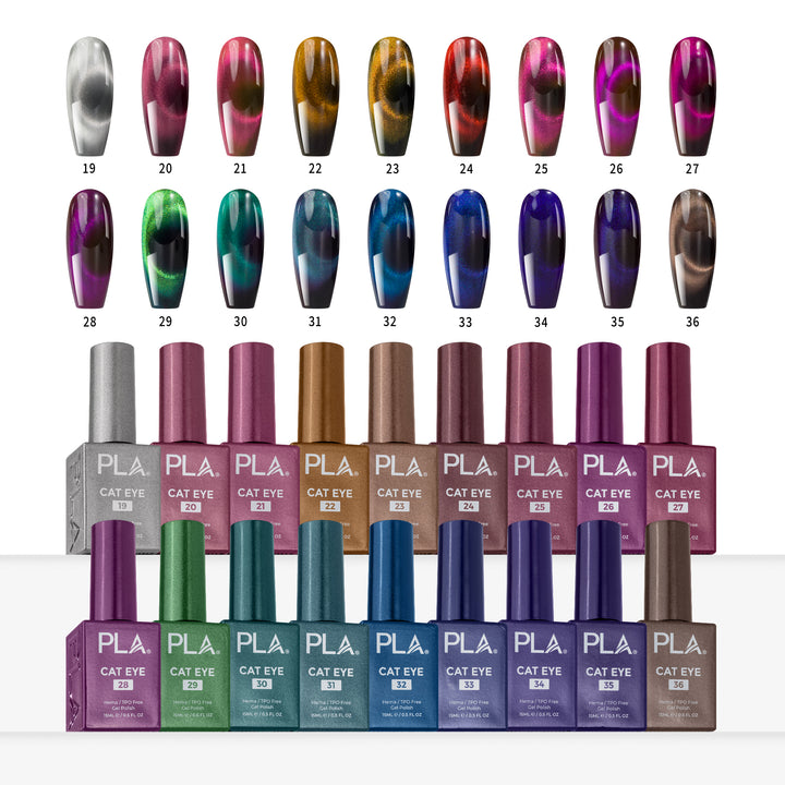 PLA Cat Eye polish bottles and matching color swatches on nail tips on a white background