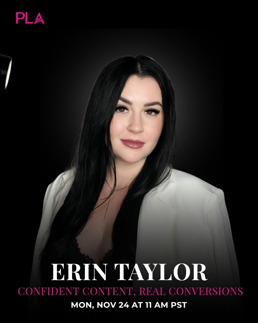 Promotional image of Erin Taylor with event details on a dark background