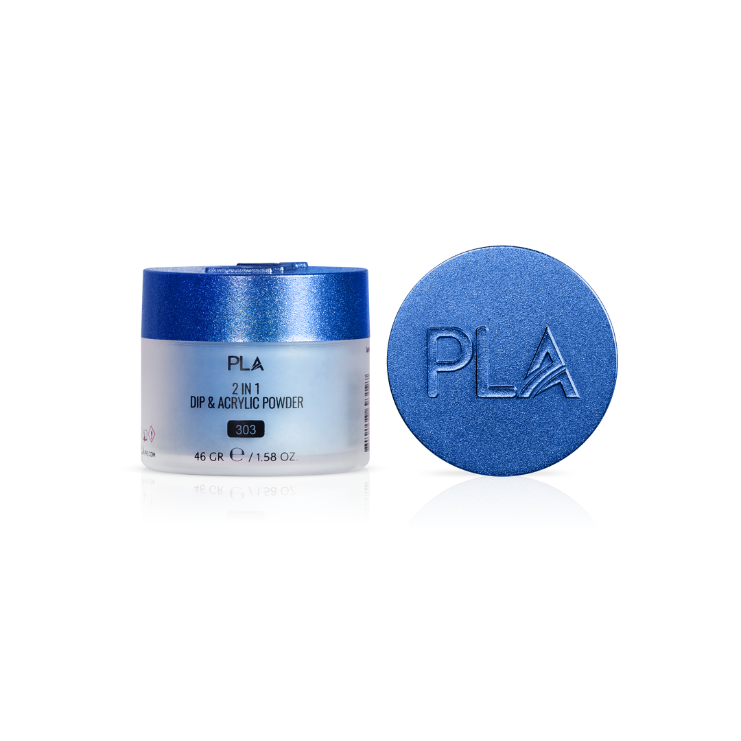 Jar of PLA 2-in-1 Dip &amp; Acrylic Powder with a blue lid on a white background