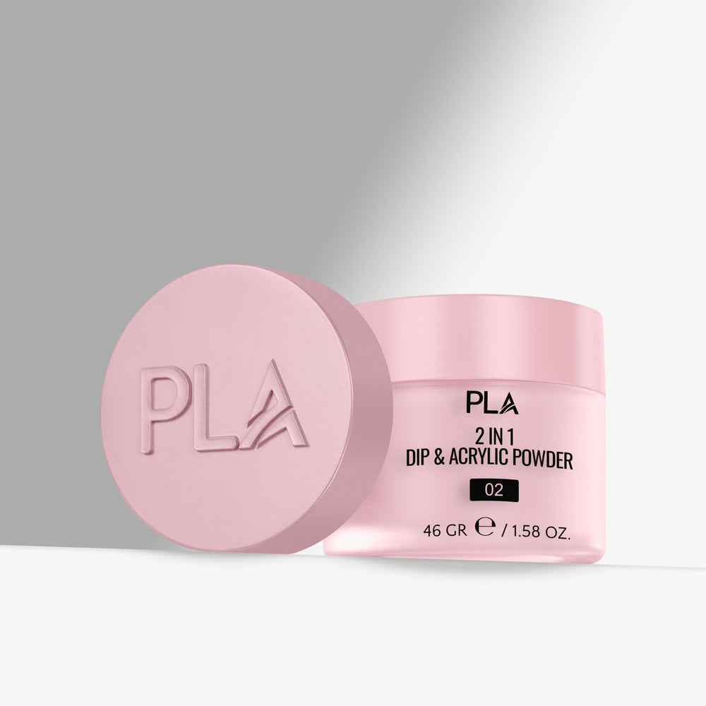 Pink jar of PLA 2 in 1 Dip & Acrylic Powder on a gray background