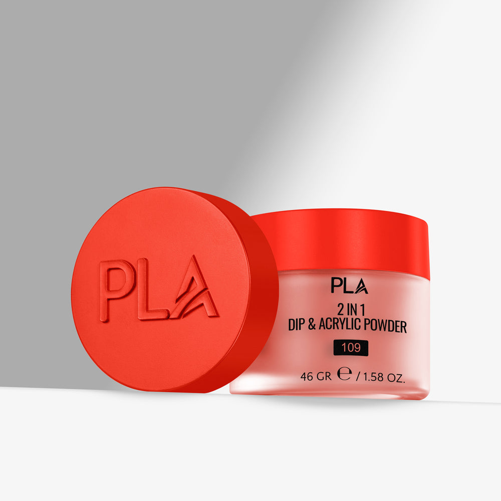 Red jar of PLA 2 in 1 Dip & Acrylic Powder with red lid on a gray background