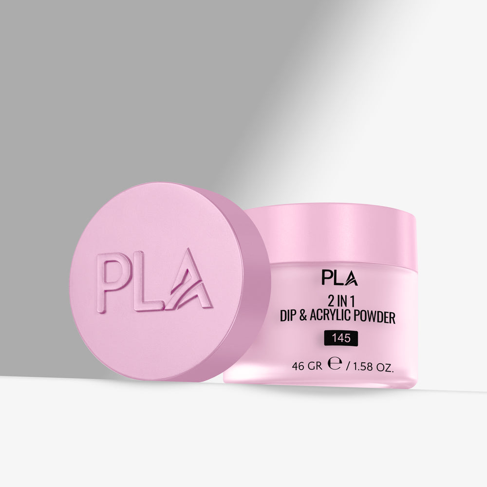 Pink jar of PLA 2 in 1 Dip & Acrylic Powder on a gray background