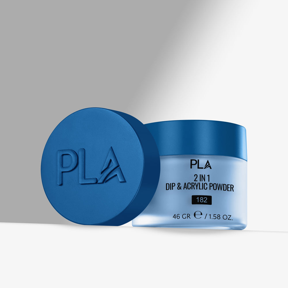 Blue jar of PLA 2 in 1 Dip & Acrylic Powder on a gray background