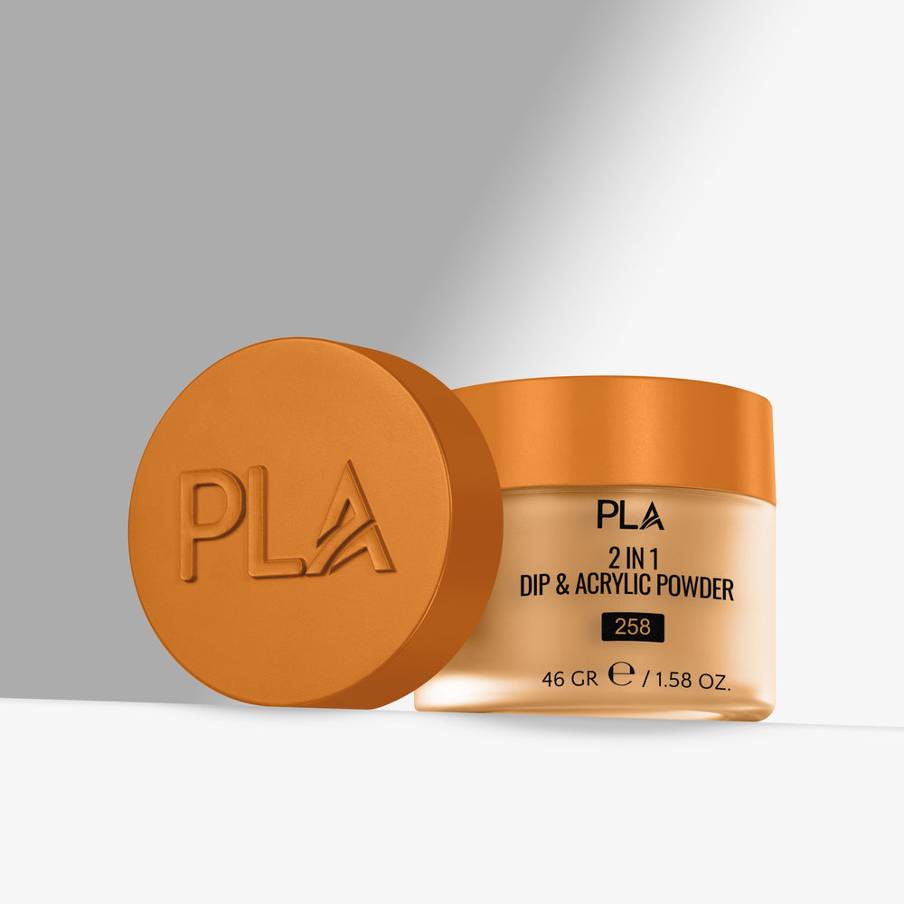 PLA 2 in 1 Dip & Acrylic Powder jar with orange lid on a gray background