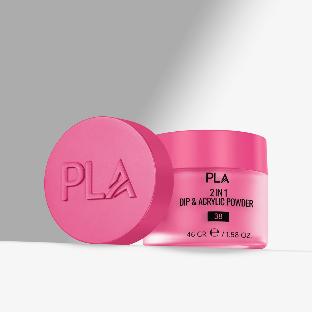 Pink jar of PLA 2 in 1 Dip & Acrylic Powder with lid on a gray background
