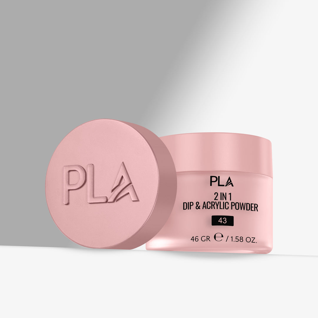 Pink container of PLA 2 in 1 Dip &amp; Acrylic Powder on a gray background