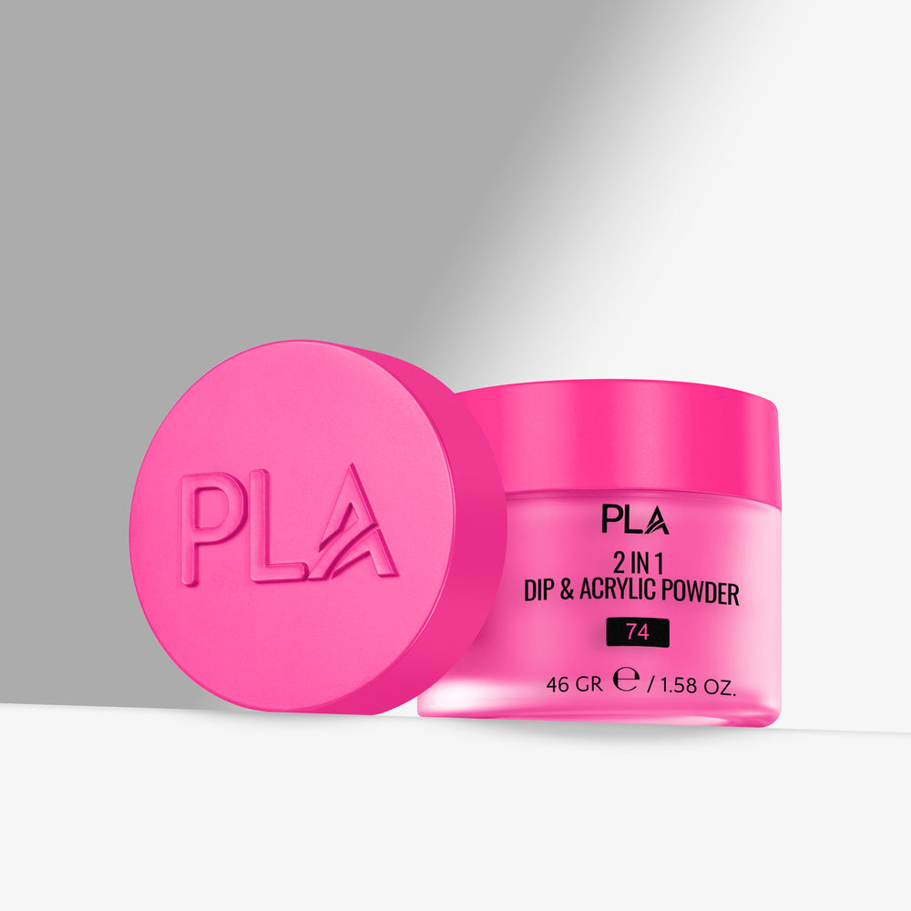 Pink jar of PLA 2 in 1 Dip & Acrylic Powder with pink lid on a gray background