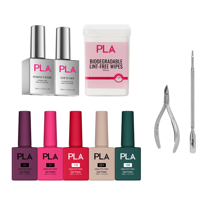 PLA nail care set featuring two silver bottles of top and base coat, a white tub of biodegradable lint-free wipes, five colored gel polish bottles in purple, pink, red, beige, and green, and two silver metal cuticle tools on a white background.