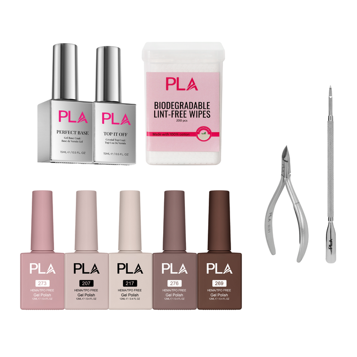 PLA nail care set featuring two bottles (Perfect Base and Top Coat), a container of biodegradable lint-free wipes, five bottles of gel polish in pink, nude, beige, and brown shades, and two metal nail tools on a white background.