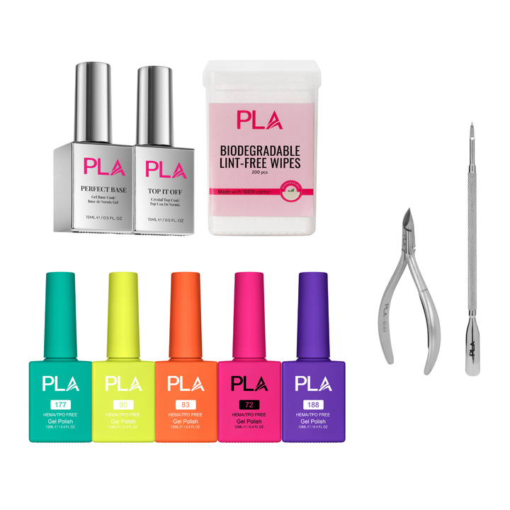 PLA nail care set featuring two silver bottles of top and base coat, a white tub of biodegradable lint-free wipes, five colorful bottles of gel nail polish in teal, lime green, orange, pink, and purple, and two silver metal cuticle tools on a white background.