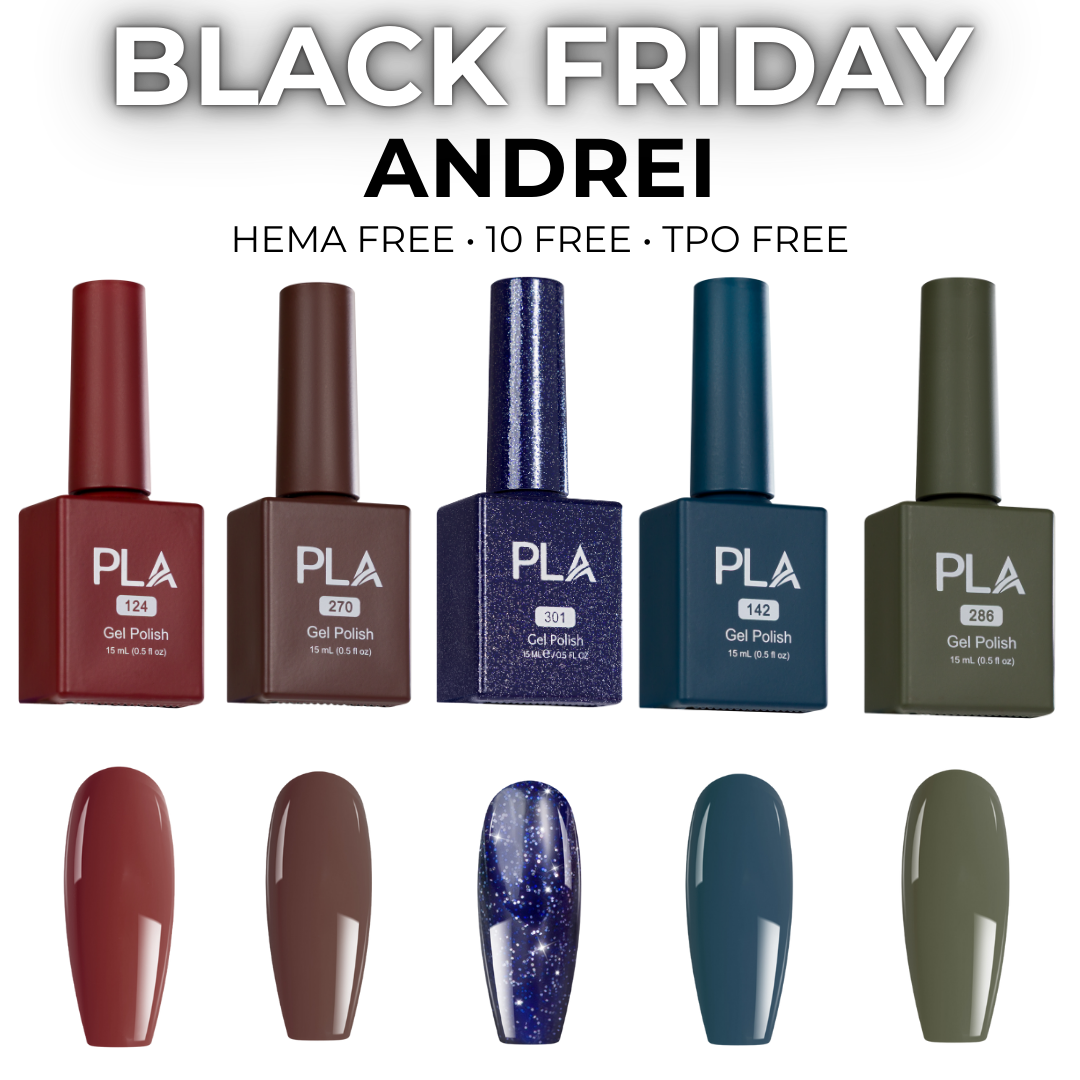 Collection of PLA gel polish bottles with corresponding nail tip color swatches on a white background, featuring &