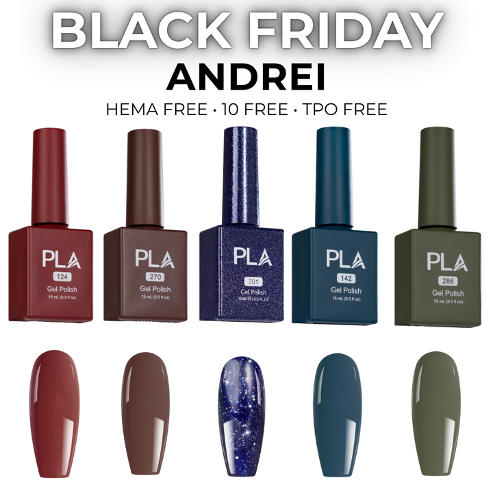 Collection of PLA gel polish bottles with corresponding nail tip color swatches on a white background, featuring &