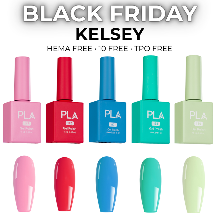 Set of colorful gel polish bottles with corresponding nail tip color swatches on a white background, featuring &