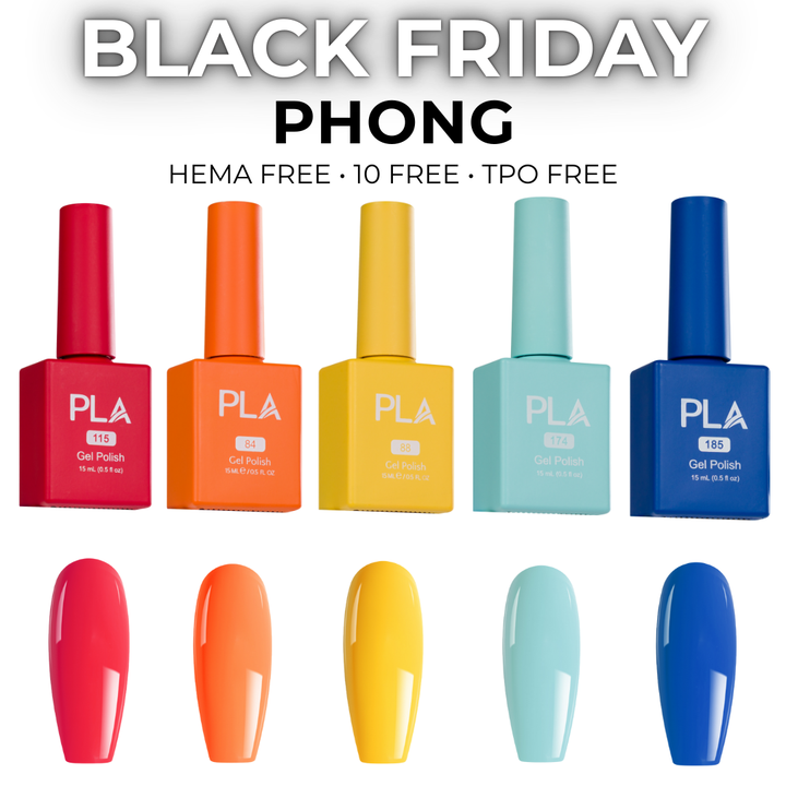 Set of colorful gel polish bottles with corresponding nail tip color swatches on a white background, featuring &