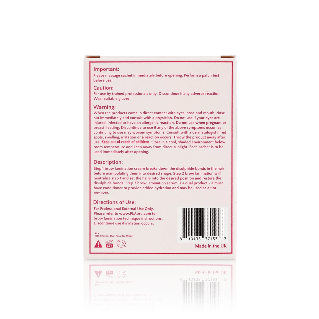 PLA's Brow Lamination Line: Brow Lamination 1 Shot Pack, (back view of the box)