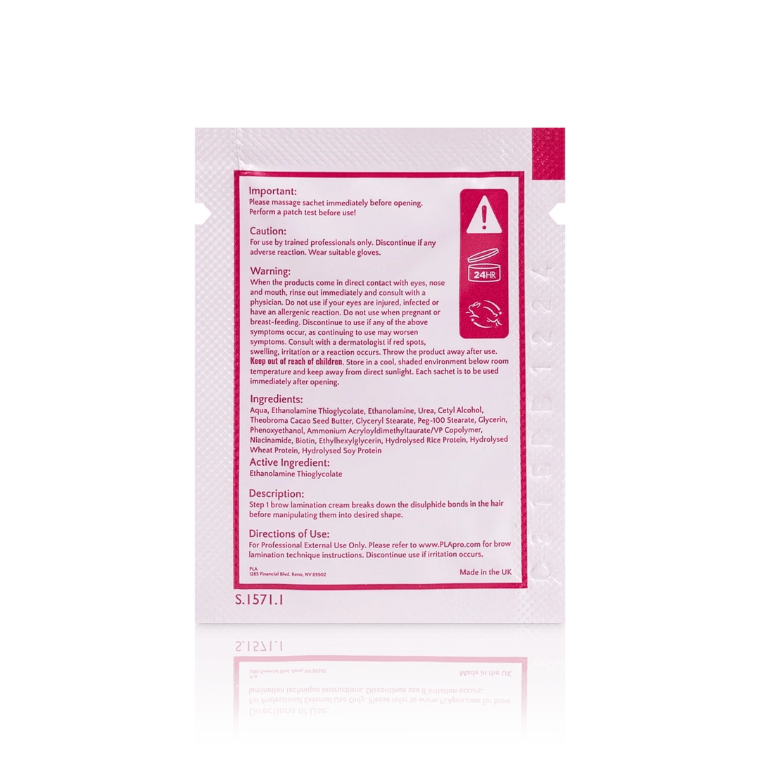 PLA's Brow Lamination Line: Brow Lamination Step 1 sachet, (back view of the sachet)