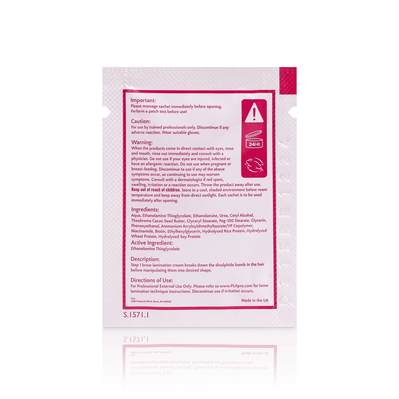 PLA's Brow Lamination Line: Brow Lamination Step 1 Sachet, (back view of the sachet)
