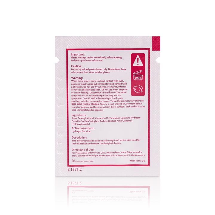 PLA's Brow Lamination Line: Brow Lamination Step 2 Sachet, (back view of the sachet)