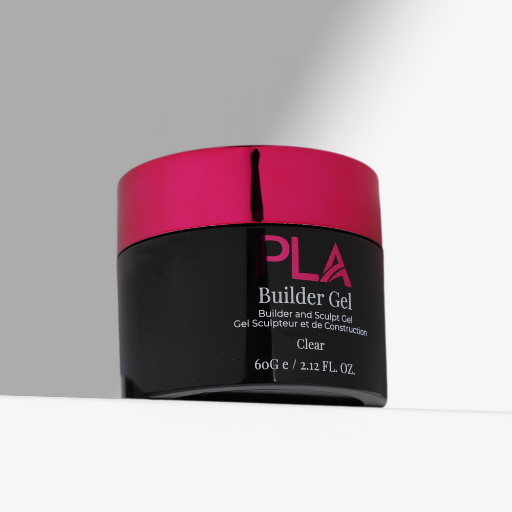 Jar of PLA Builder Gel with pink and black design on a white background
