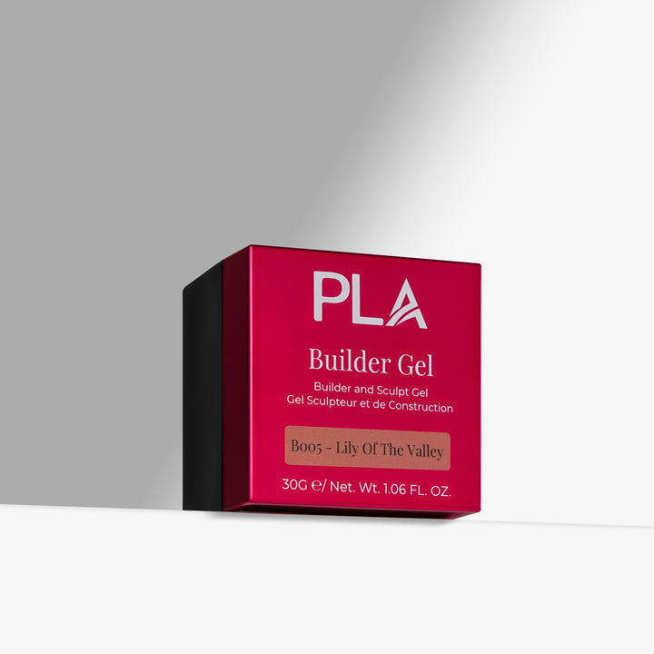Pink container of PLA Builder Gel on a gray background