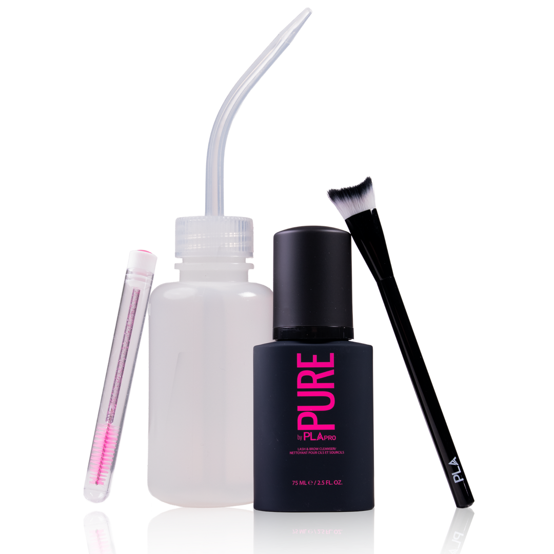 Lash cleaning product set with cleansing brush, mascara brush, and cleanser bottle labeled &