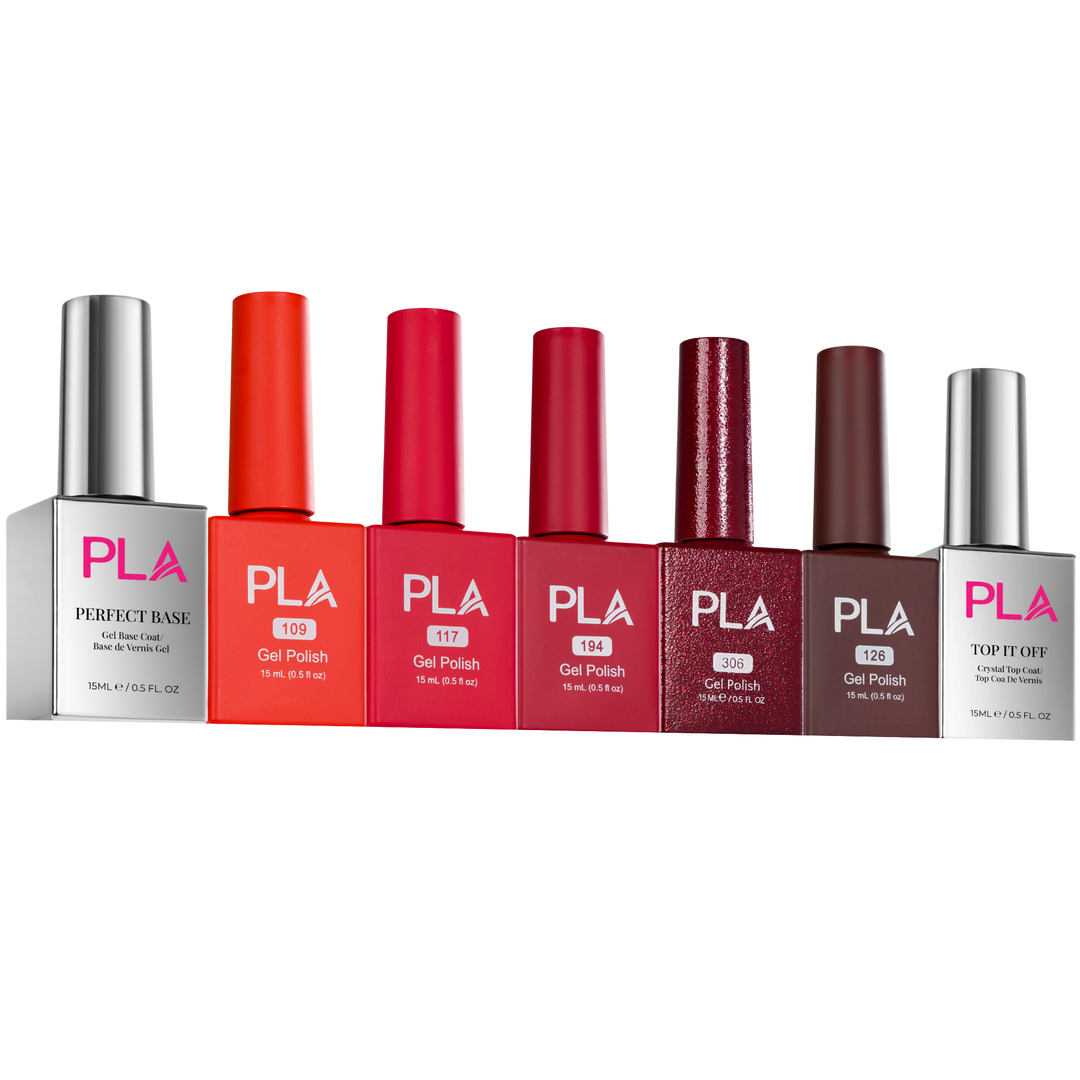 Set of PLA nail polish bottles in various colors on a white background
