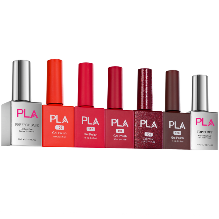 Set of PLA nail polish bottles in various colors on a white background