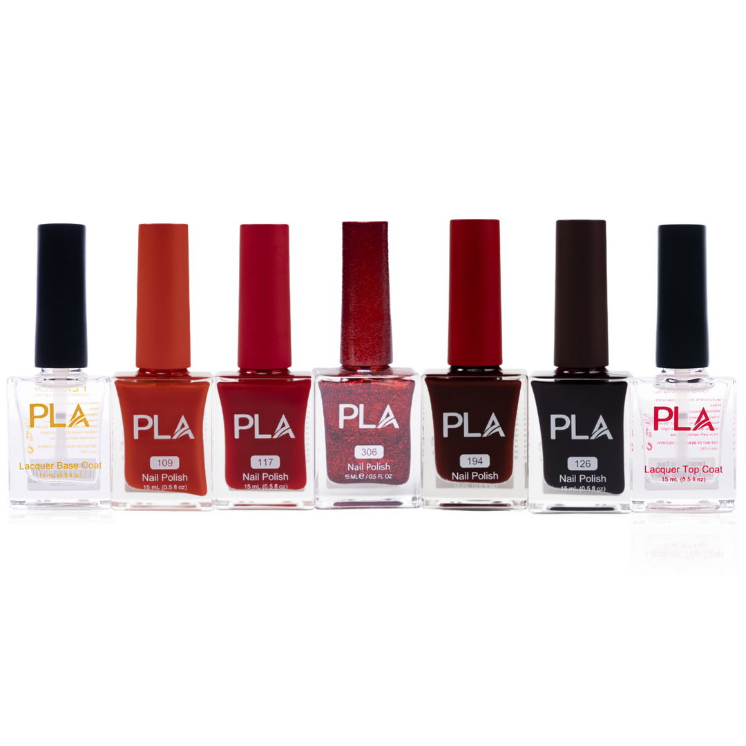 Set of PLA nail polish bottles in various colors on a white background