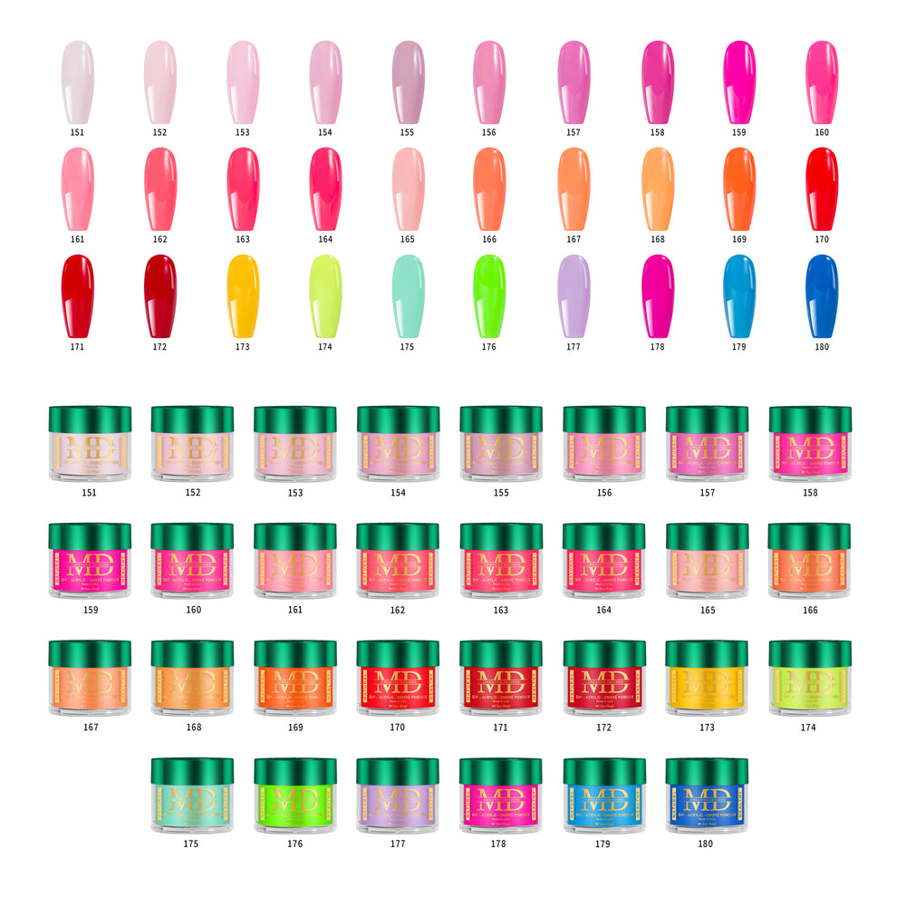 Color swatches and jars of nail powder with a brand logo on a white background