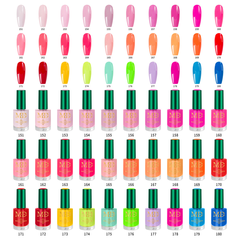 Collection of colorful nail polish bottles with corresponding color swatches on a white background