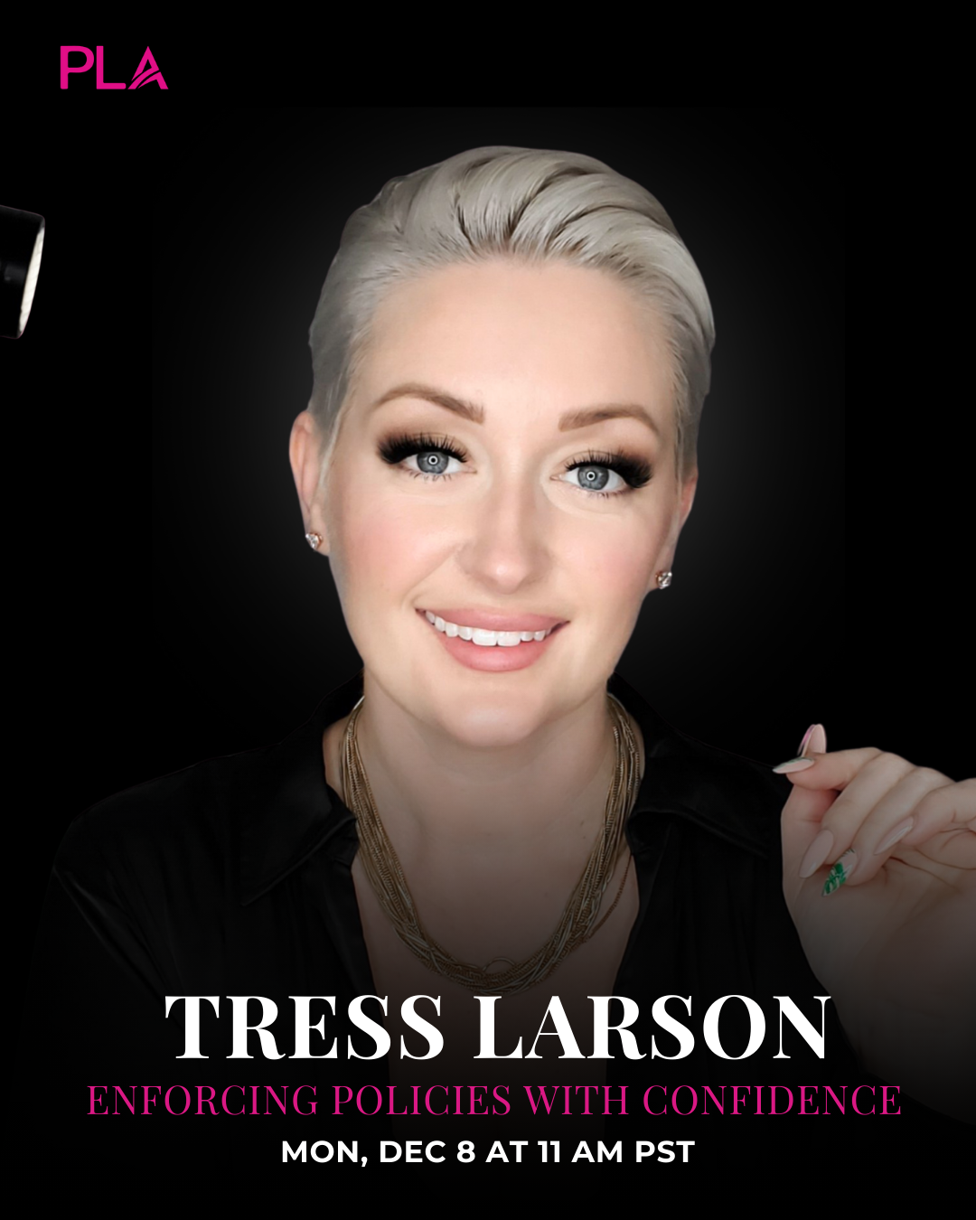 Promotional image of Tress Larson with event details on a black background