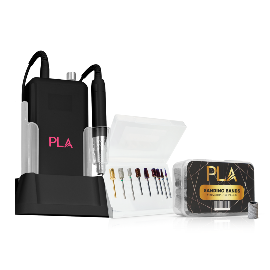 PLA professional nail drill kit with a black base, black handle, multiple drill bits in a clear case, and a box of PLA Sanding Bands on a white background.