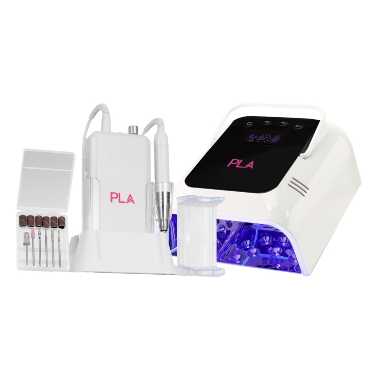 White electronic nail treatment kit with a digital lamp, pen device, drill bits, and clear cup on a white background.