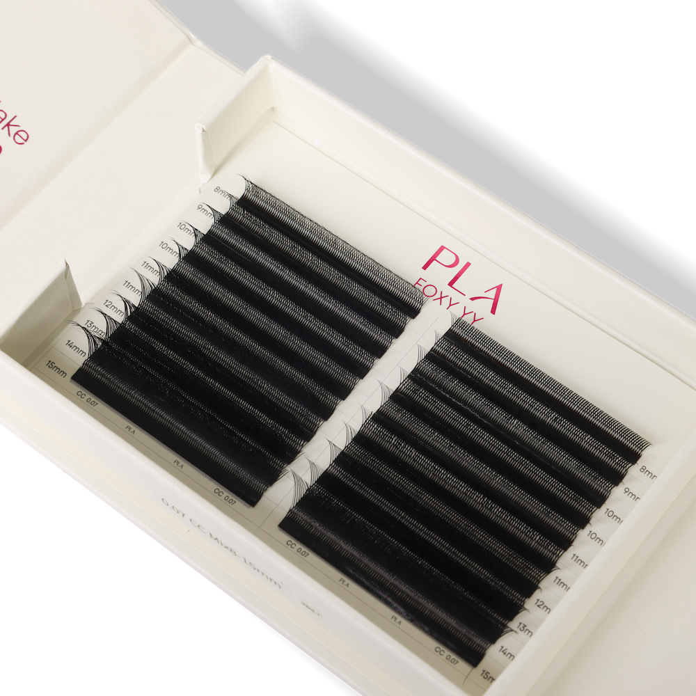 A boxed set of black eyelash extension fans arranged in rows inside a white tray, with the brand name PLA and the word FOXY YY visible on the box interior.