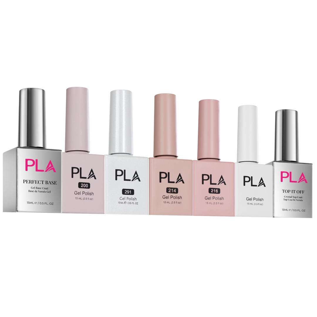 Set of PLA nail polish bottles on a white background