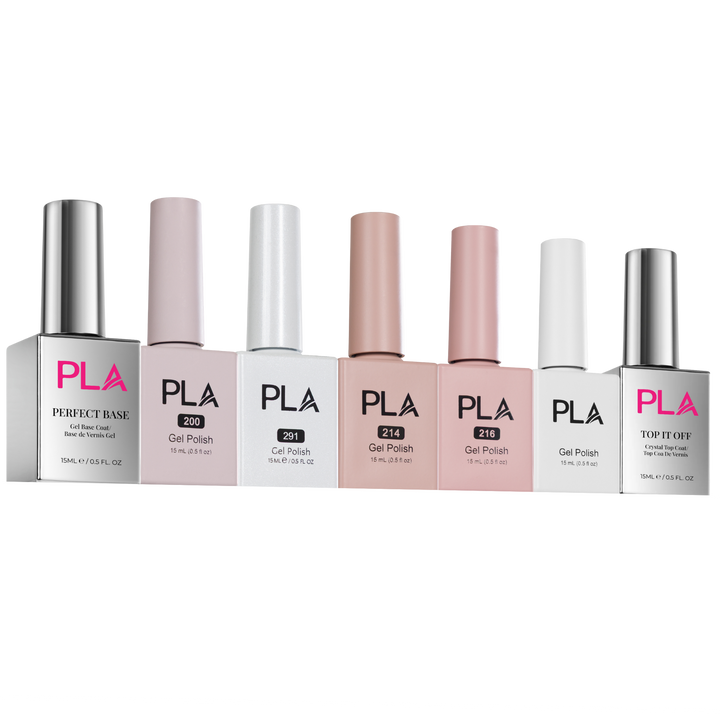 Set of PLA nail polish bottles on a white background