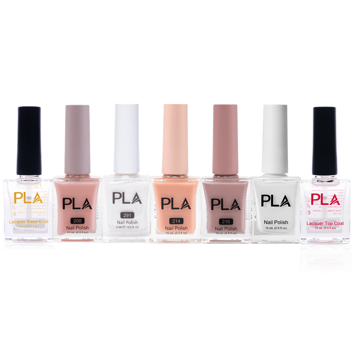 Set of PLA nail polish bottles on a white background
