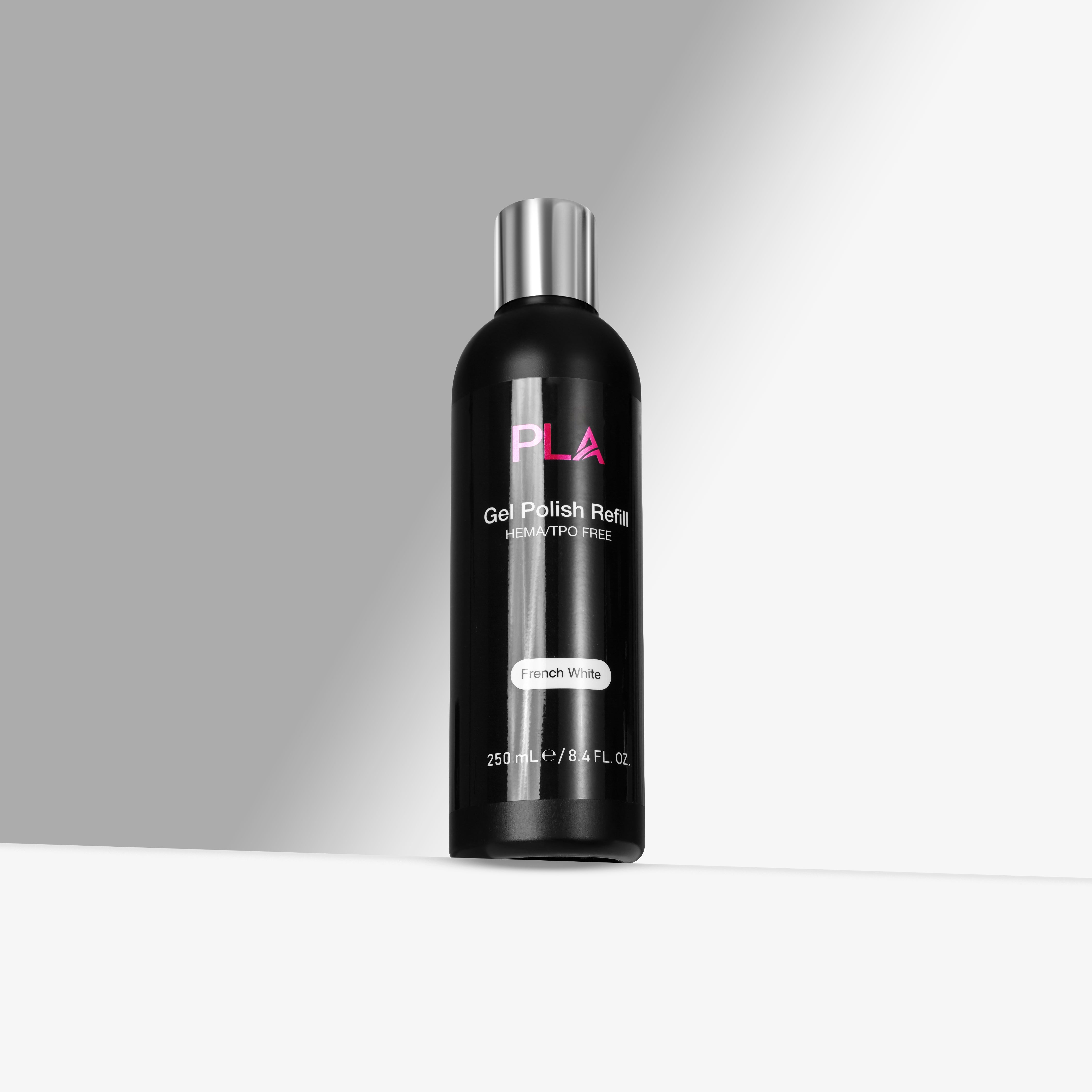 Black bottle with silver cap labeled 'PLA' on a gray background -  has PLA French White Gel Polish 250 mL