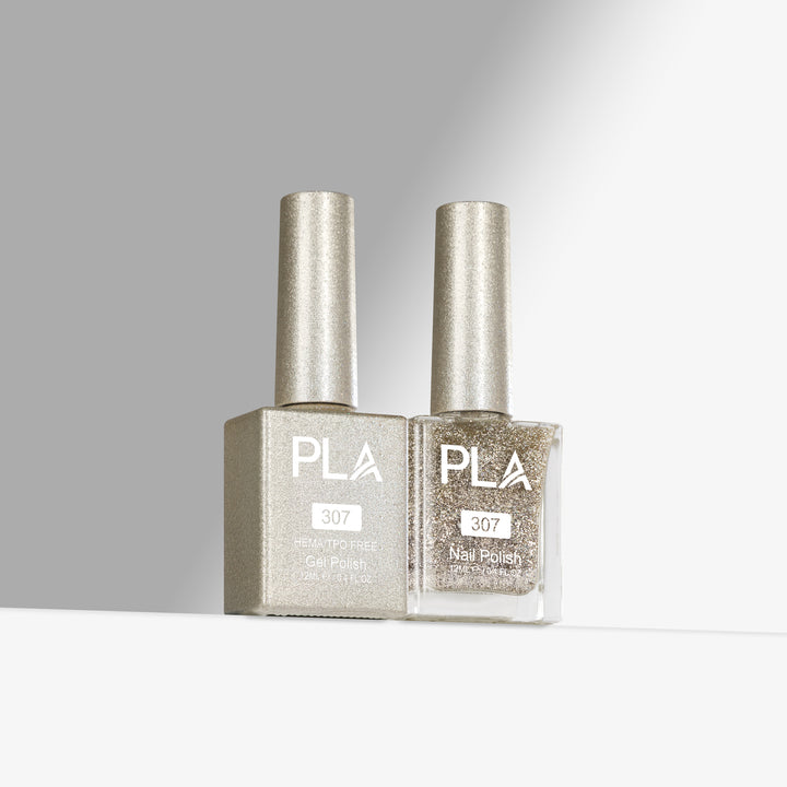 Two bottles of PLA nail polish with a gray gradient background