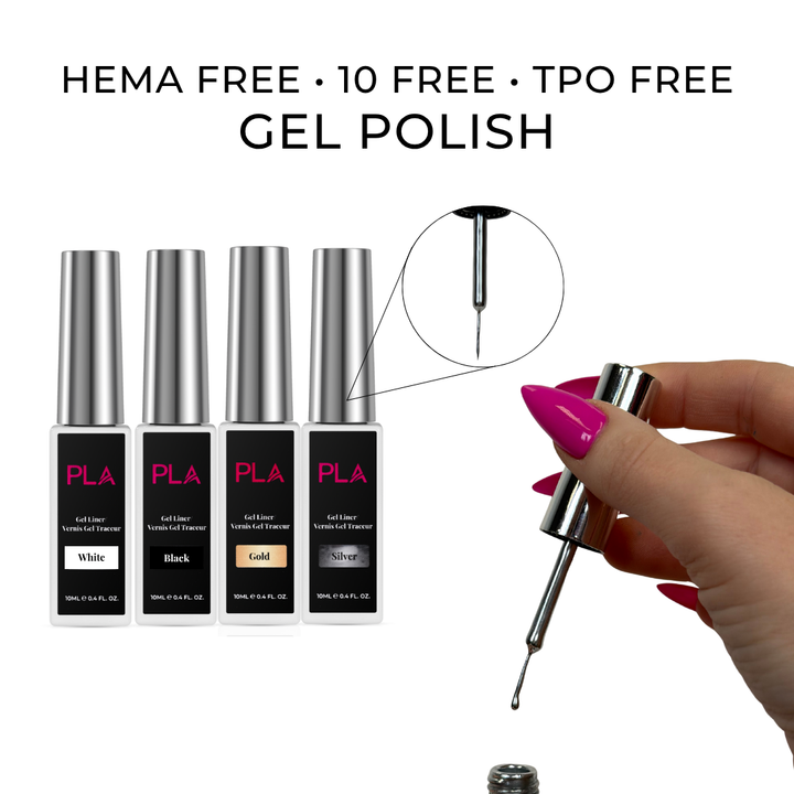 Gel liner bottles with a hand holding a nail brush applicator, featuring &
