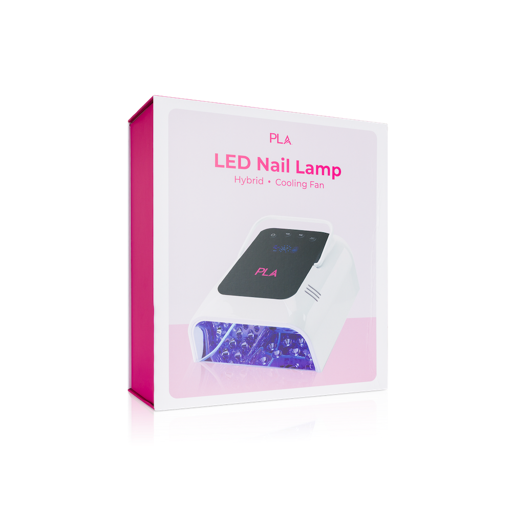 PLA LED Nail Lamp hybrid cooling fan in its retail packaging, featuring a white box with pink accents and an illustration of the lamp on a clean white background.