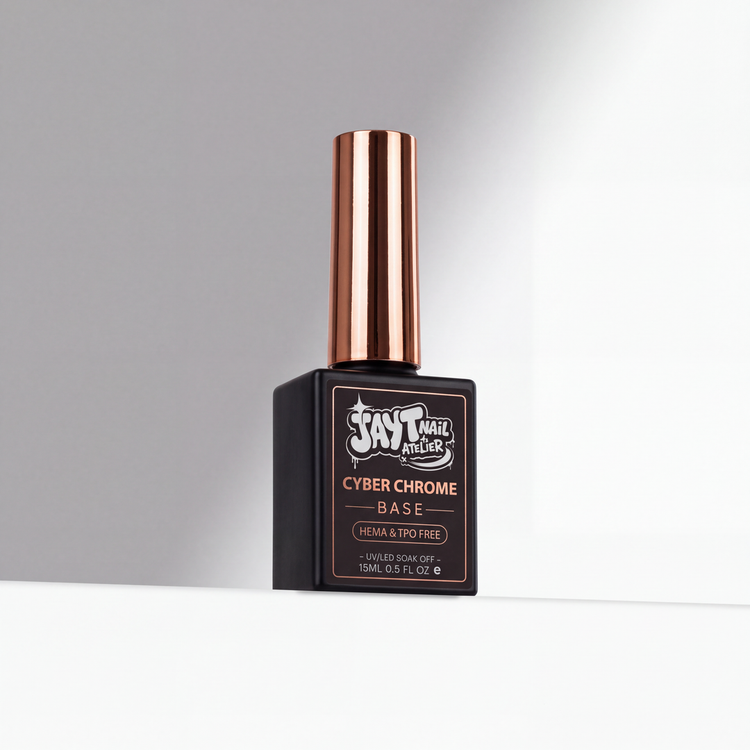 Side front facing view of JayT Nail Atelier CLEAR Cyber Chrome Base in black bottle with rose gold top
