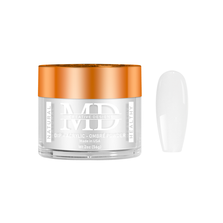 Jar of nail powder with an orange cap and a white nail tip swatch on a white background