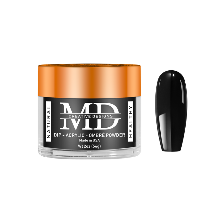 Nail powder container with black nail tip swatch on a white background